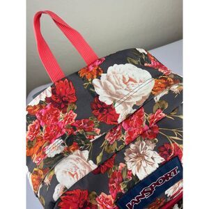 ~ Jansport Floral Backpack Flowers Red Pink Roses Cream Gray Padded *flaw* T50F